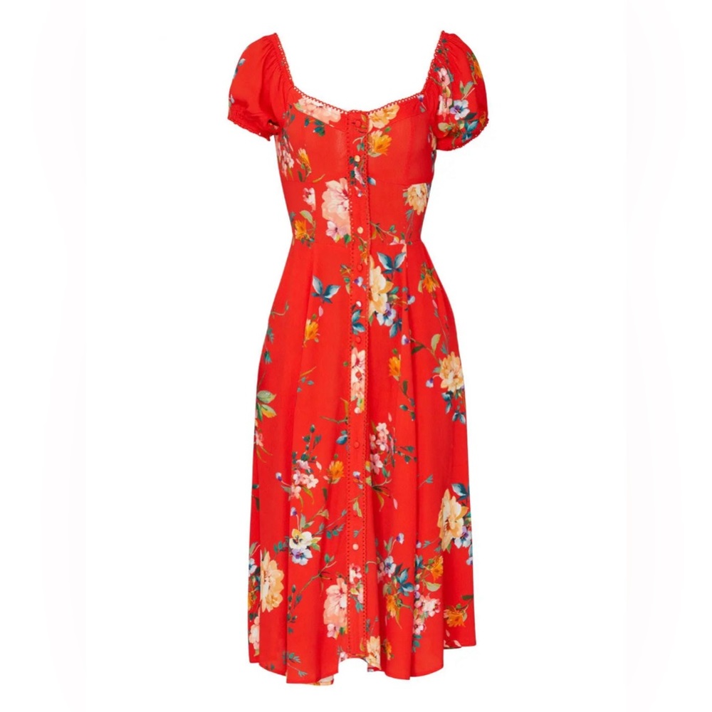 Yumi Kim Mercer Street Dress Swingy Midi Length Red/Orange Floral Size XL
